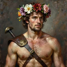 hyperdetailed portrait of henry cavill as a warrior wearing a flower crown rugged ripped body type upper body!! 3 2 k 1 6 k artstation hd cgsociety portrait behance hd wlop artgerm greg rutkowski alphonse mucha medium shot intricate elegant heavily detailed oil painting