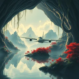 a futuristic scifi plane flying through a prehistoric jungle cave, reflections, mountains, vines, water, red shrubs, lush flora, beautiful pencil artwork, volumetric lighting, haze, raytracing, 8 k