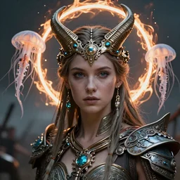 viking goddess close-up portrait tribal princess , on a battlefield, high tech, cyberpunk, dystopian, jellyfish phoenix dragon, butterfly squid, burning halo, intricate artwork by Conrad Roset and Brooke Shaden, very coherent symmetrical artwork, cinematic, hyper realism, high detail, octane render, unreal engine, 8k, Vibrant colors, Smooth gradients, High contrast, depth of field,