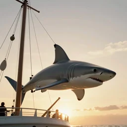 photo, a large hammerhead shark godzilla kaiju monster holding a ship's mast, backlit, golden hour, inspired by pacific rim and godzilla vs kong