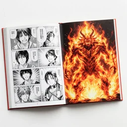 manga double spread illustration of a flaming monster by yusuke murata, kento miura