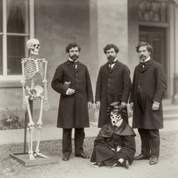 Victorian Photograph of Medical students outside posing for a photograph next to a skeleton
