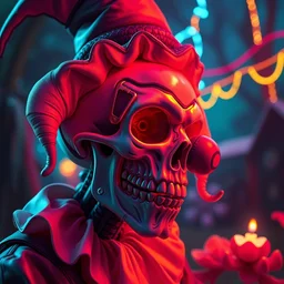 skull clown, illustrated by simon stalenhag and gaston bussiere, 3 5 mm lens, beautiful macro close - up imagery, rule of third, vibrantly lush neon lighting, beautiful volumetric - lighting - style atmosphere, a futuristic rural atmosphere, intricate, ultra detailed, photorealistic imagery, trending on artstation, 4 k, 8 k