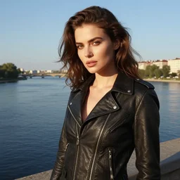 woman with brown hair wearing a leather jacket, scenic view of river, in the style of ilya kuvshinov and rossdraws and artgerm, sexy, hot