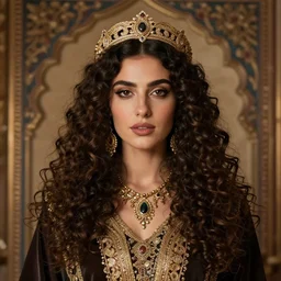vintage arabian gothic, curly haired woman, realistic face, intricate details, detailed background, cinestill 8 0 0 t
