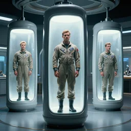 epic professional digital art of airforce pilots in jumpsuits in upright futuristic slim suspended animation chambers with frosted windows from alien ( 1 9 7 9 ) movie, hamish frater, jim burns, hd, 4 k