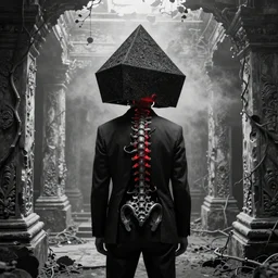 back view of man standing inside ancient rotting template, haze, vines, exposed spinal column, black biomechanical cube helmet, grain, iris van herpen, beksinksi, jean delville, james jean, ornate, black and white, red light, punishment, pyramid head, photgraph