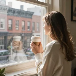 “ a girl holding a cup of coffee looking out a window overlooking the east village in new york city, morning light, by beeple ”