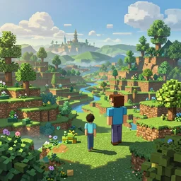 Minecraft landscapes, by Makoto Shinkai and Thomas Kinkade, fantasy matte painting, trending on cgsociety and unreal engine，light effect，highly detailed，super wide angle，