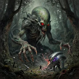 An epic beautiful photo of an ancient terrifying Cthulhu in dark forest, consuming and eating and destroying a futuristic.   by Diane Arbus and Louis Daguerre. highly detailed.