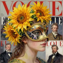masquerade ball mask, vogue magazine, elle magazine, greg rutkowski, john singer sargent, trending on artstation, anime, oil painting, side profile portrait, looking right, sunflower in hair, intricate