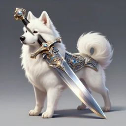 a dagger in a shape of a samoyed dog, beautiful, very ornated, glowing, metal, very detailed, amazing quality, item illustration, stunning, by rebecca guay and android jones and ilya kuvshinov, artstation, pixiv, rpg equipment illustration, digital art,