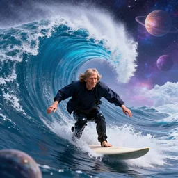 stephen hawking surfing on a big wave full of galaxies and planets, octane render, highly detailed