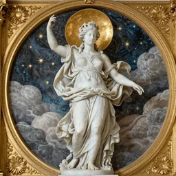 saint Woman, Venus, Athena, beautiful, gracious, baroque marble and gold in space, sistina, stars, astral, meandar, clouds