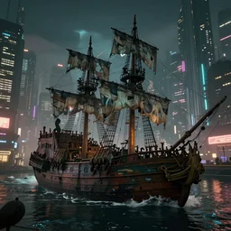 a battered pirate ship from Peter Pan pulls into the port of night city cyberpunk 2077 in the evening with dim neon city light in the background, ultra realistic, octane, cinematic, high energy
