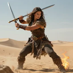 big and strong barbarian woman wielding a sword, in the desert, by jeff easley and larry elmore, hyperrealistic, highly detailed, soft lighing, spellfire, sharp focus, cinematic lighting, artstation, powerful presence
