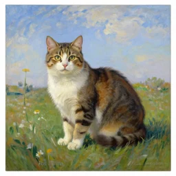 A painting of a cat under the sky in a field, by ((Leonardo da Vinci, Ross Tran, Claude Monet)), cgsociety, Trending on Artstation