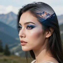 amazing blend effect of a beautiful woman face next to amazing mountain scenery, tattoo design sketch, hyper - realistic, in the style of matteo pasqualin, amazing detail, black and white