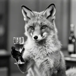 anthropomorphic fox holding a glass of wine, black and white, 1920s film