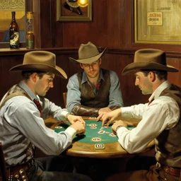 cowboys playing poker in a saloon, by Norman Rockwell