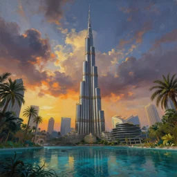 burj khalifa suibmerged in water in a jungle, moody sunset and dramatic sky , oil painting by frazetta, low angle, postapocalyptic, cinemascope panorama