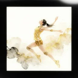 beautiful serene volleyball player, healing through motion, life, minimalistic golden and ink airbrush painting on white background, pristine soft dream