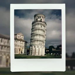 an analog polaroid of the leaning tower of pizza made in brutalist architecture, gray sky, cold day, realistic, good quality image, dull background