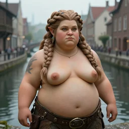 a chubby dwarven woman by a canal, middle of the city, by johan grenier, fantasy artwork, secret of mana, intricate braided hair, short plump figure, smooth, highy detailed face, centered, ultra detailed, 8 k, hd