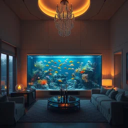 a very lightweight dreamy luxury maximalist living room, saltwater aquarium with beautiful tropical fish, candlelight, sunset glow, dark shadows, octane render, volumetric lighting, raytracing, symmetrical wide shot low angle