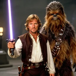 a still of mark hamill as han solo, with chewbacca, in return of the jedi, 8 k