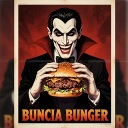 old poster of a vampire holding a big meaty burger