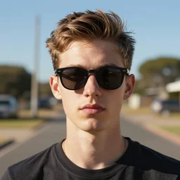 a beautiful portrait of a young expressionless bloke wearing sunglasses known as speed dealers, on a hot australian day, high quality, photography, volumetric lighting, 8 k
