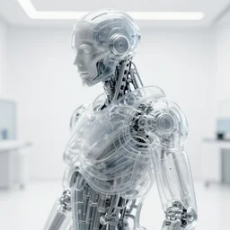 complex chromium cybernetic endoskeleton in a white room : : transparent armor : : upper shoulder closeup