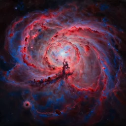 an oil painting of a beautiful space nebula, red and blue; hyper-detailed; an extraordinary masterpiece!!!; flawless; trending on artstation