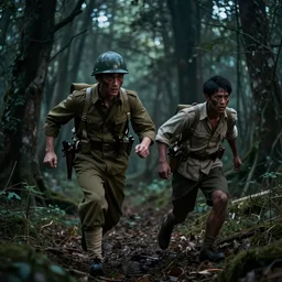 a cinema still of a a world war ii japanese soldier and filipino guerilla fighter running away from an unknown entity in a dark gloomy forest shot by guilliermo del toro, horror, dark, natural, hyper detailed, digital art, trending in artstation, cinematic lighting, studio quality,