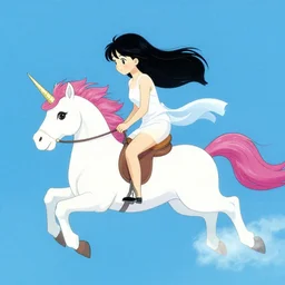 woman riding a flying unicorn, japanese artist