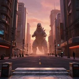 tall dieselpunk buildings on a long street, a giant godzilla monster surrounded by people, telephone wires between the buildings, signs and flatscreens, a flat ornate marble step down from the street, newpaper boxes, dust red sun set light, dslr, hdr, octane render, 3 d shading, cgsociety, horde 3 d, volumetric lighting, ray tracing, 3 dexcite, zbrush