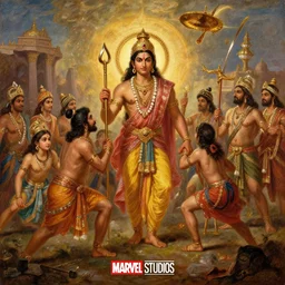 an epic scene from Ramayan, oil on canvas, by Albert Bierstadt, poster for Marvel Studios movie, 8K,