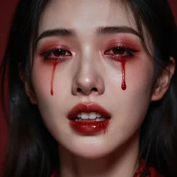 A masterpiece head and shoulders portrait of a with fangs crying tears of red blood
