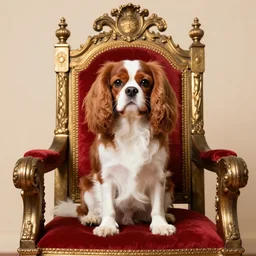 a cavalier King Charles sitting on a throne