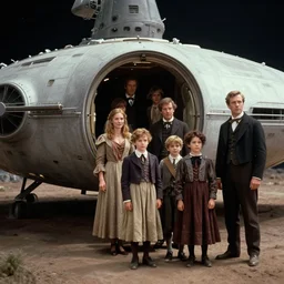 70mm film still from a sci fi blockbuster movie, set in 1860, of a family leaving a spaceship, that has just landed on an alien planet, wearing 1850s era clothes, good lighting, 4k, HD, in focus, clear faces