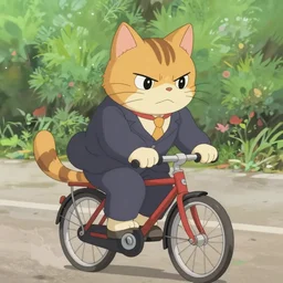 “ angry cat wearing a suit riding a bike, studio ghibli, spirited away, anime, by hayao miyazaki ”
