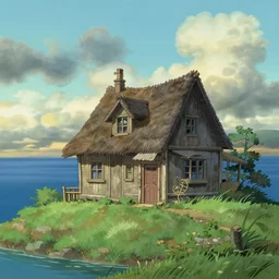 little house in the middle of the sea, anime style, art by studio ghibli and kazuo oga