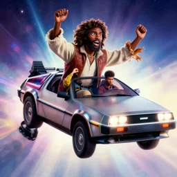 3 d vfx - drew struzan movie poster - art of an african jesus in a flying delorean, art style by james jean & ernie barnes, unreal engine render, digital illustration, sharp, intricate detail, volumetric lighting, ray tracing, soft light, colourful, back 2 the future, pinterest, artstation, behance