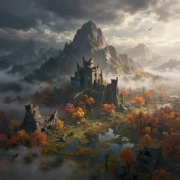beautiful render of a autumn landscape, birds eye, unreal engine, dark fantasy style, first light, majestic mountains, swamps, morning mist, dramatic clouds, big castle ruin, soft light, by greg rutkowski, cgsociety