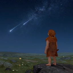 caveman looking at meteor shower