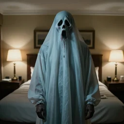 a still shot portrait of a scary male drug addict ghost jumpscare to camera in a hotel room, horror