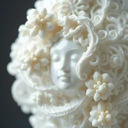 a single close up photo - real delicate ceramic porcelain sculpture of crystal liu with parisian ornaments detailed on an intricate white surface by victo ngai and takato yamamoto, micro detail, subsurface scattering, translucent, thin porcelain, octane renderer, white color, physically based rendering, japanese pottery, trending on cgsociety