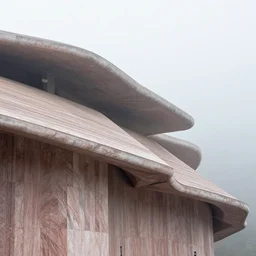 curved roof planes lift and descend creating shade and architectural expression, highly detailed, marble, vivid color, high resolution photography, mist, front elevation