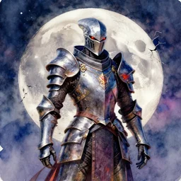 photorealistic watercolor painting of an armored alien knight standing before a cracking moon. hyperdetailed photorealism, 1 0 8 megapixels, amazing depth, high resolution, 3 d shading, 3 d finalrender, 3 d cinematic lighting, glowing rich colors, psychedelic overtones, artstation concept art.